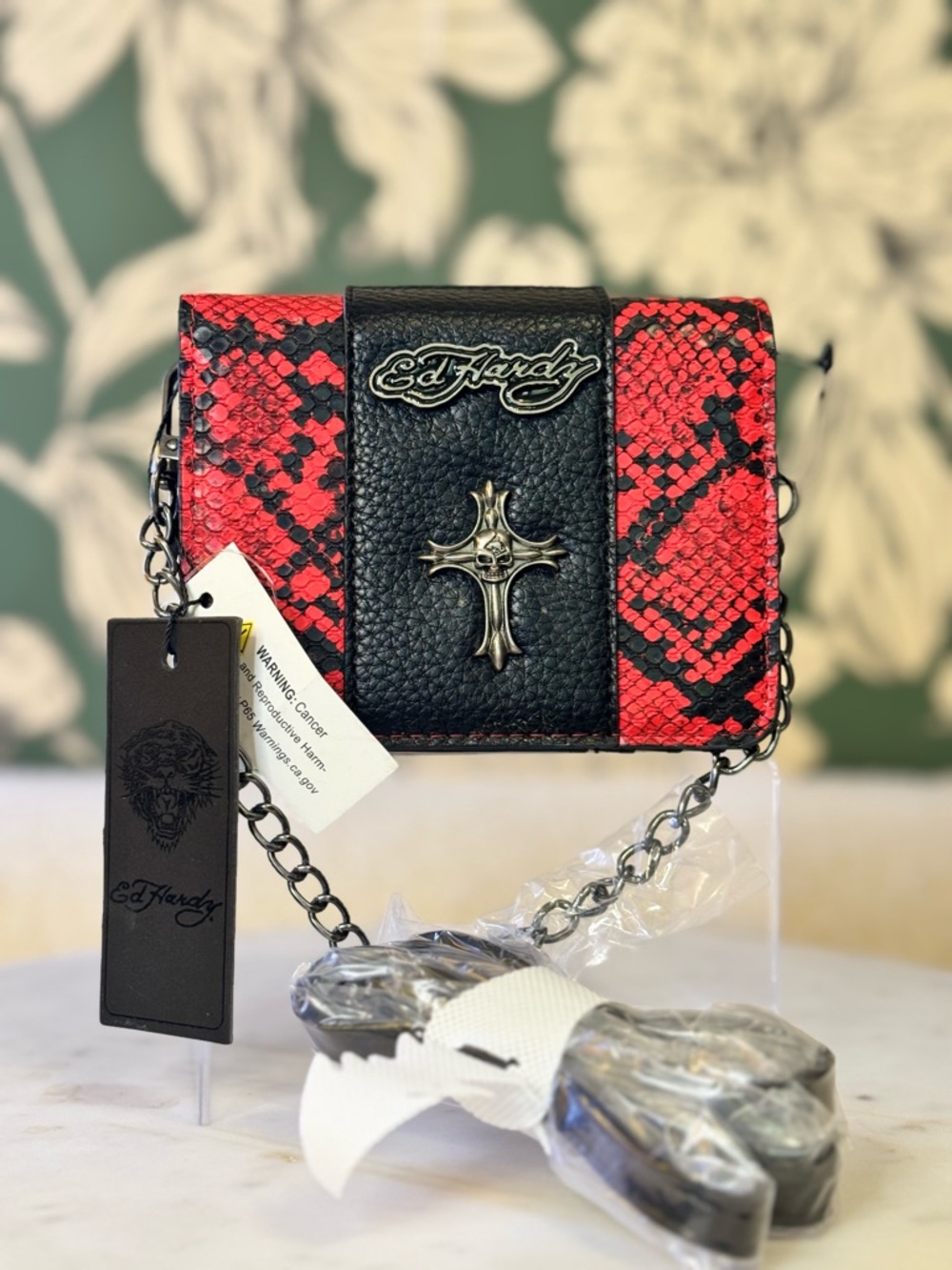 Ed Hardy Red & Black Snake-Effect Mini Chain Crossbody NWT